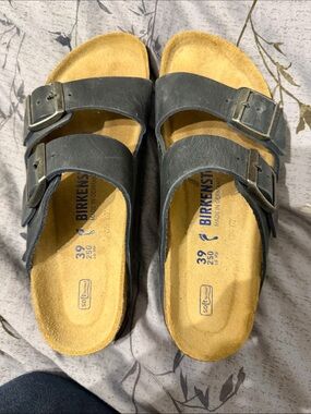 Birkenstock Arizona Two-Strap Sandals in Dark Gray with Tan Footbed